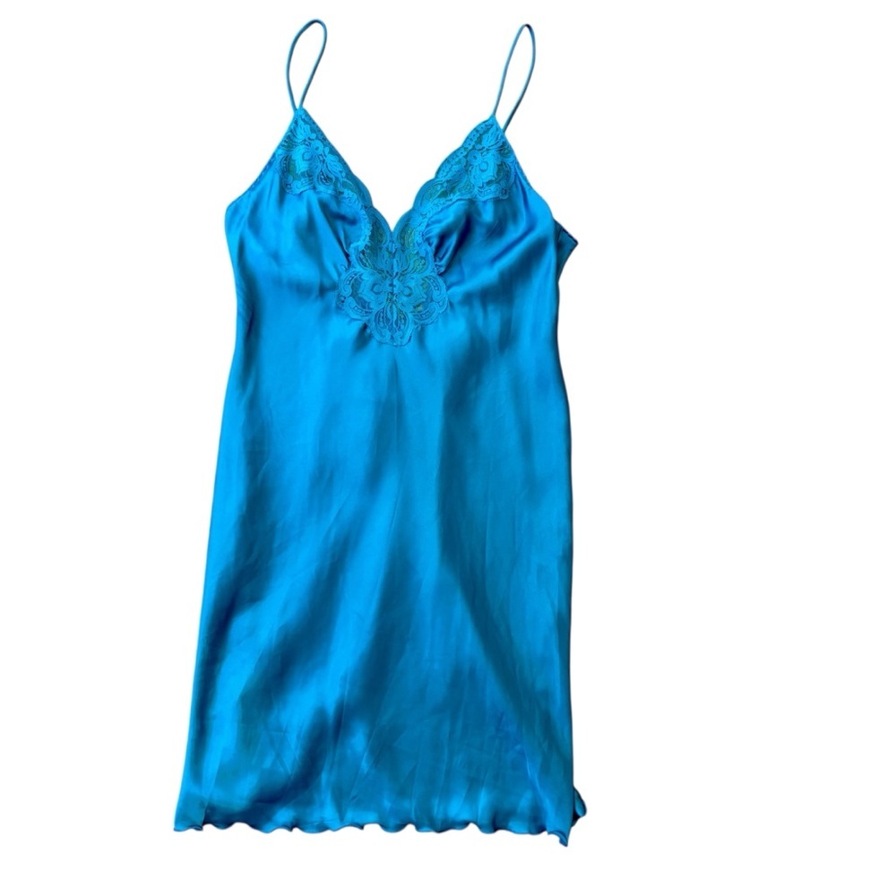 Olga Turquoise Blue Satin Lace-Trim Slip Chemise